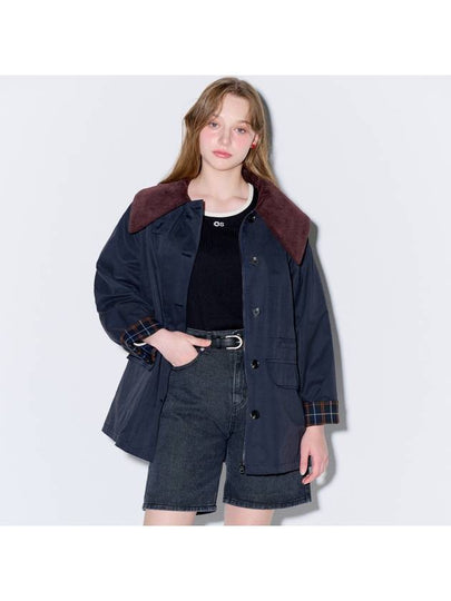 Corduroy Collar Half Trench Mac Coat Navy - OPENING SUNSHINE - BALAAN 2