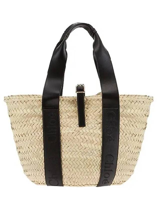 Sense Medium Raffia Basket Tote Bag Beige Black - CHLOE - BALAAN 3