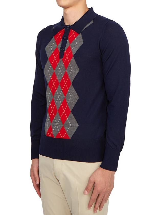 Argyle Check Merino Wool Long Sleeve Polo Shirt Navy - AMI - BALAAN 3