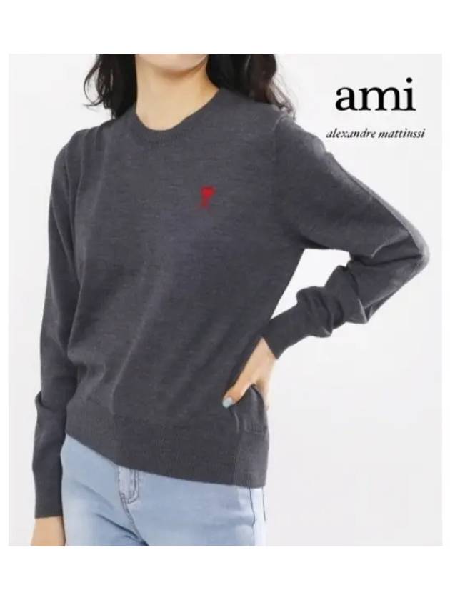 Embroidered Logo Merino Wool Knit Top Heather Grey - AMI - BALAAN 2