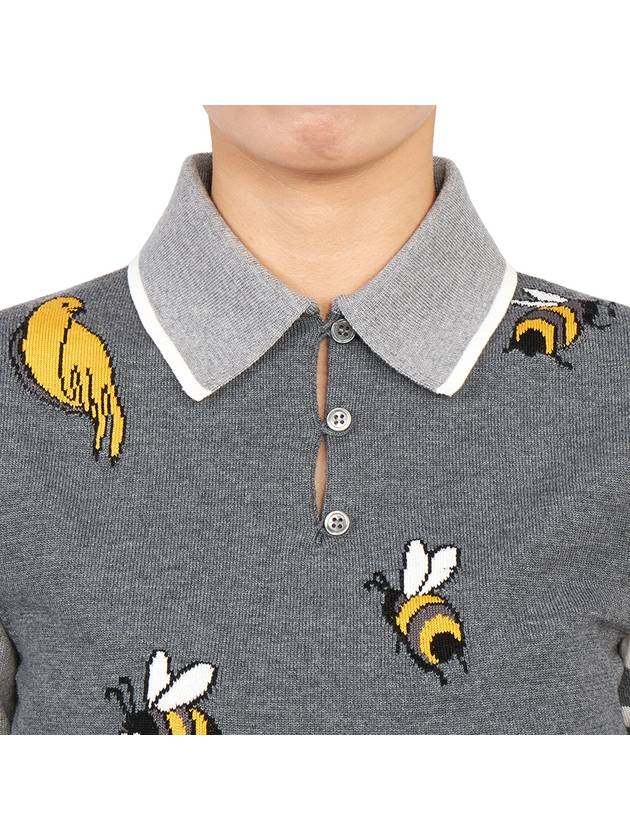 Fun-Mix Cotton Merino Birds and Bees 4-Bar Polo Shirt Tonal Grey - THOM BROWNE - BALAAN 7