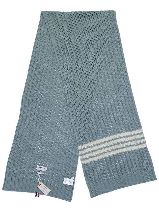 Merino Wool Chunky Pointelle 4 Bar Muffler Blue - THOM BROWNE - BALAAN 3