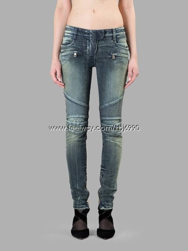 Women's Knock Washing Hidden Fur Moto Biker Jeans 5757241N C023 BLEU - BALMAIN - BALAAN 9