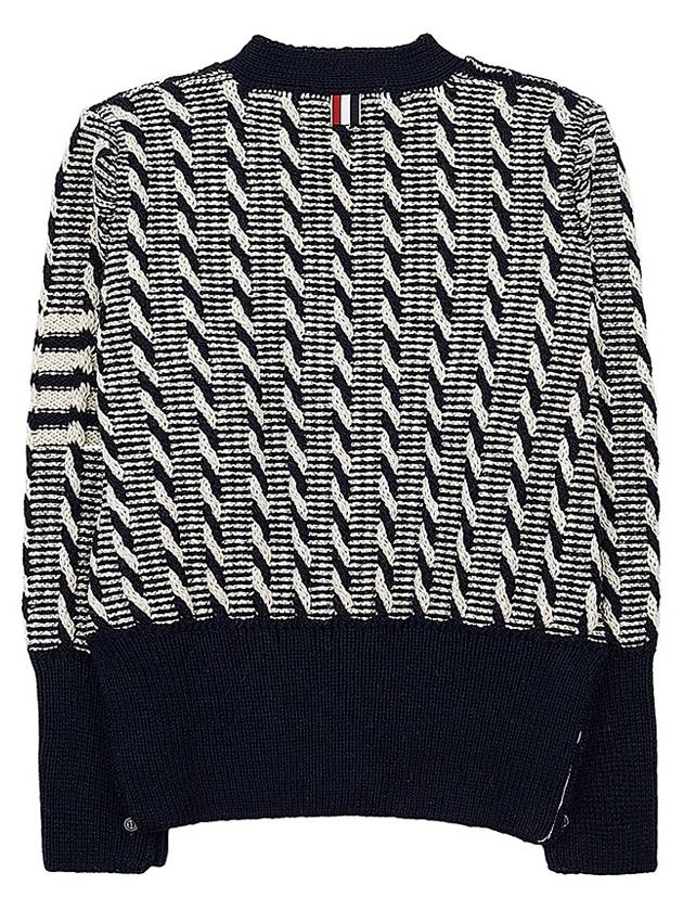 4-bar V-neck Twist Cable Knit Cardigan Navy - THOM BROWNE - BALAAN 3