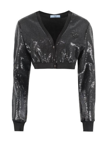 Women's Sequin Embroidery Tulle Crop Cardigan Black - PRADA - BALAAN 1