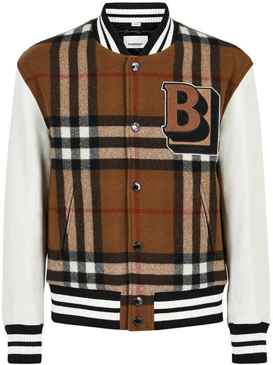 Men's Letter Graphic Check Technical Wool Bomber Jacket Brown - BURBERRY - BALAAN.