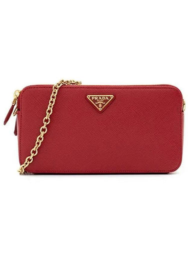 Saffiano Gold Triangular Logo Mini Chain Shoulder Bag Red - PRADA - BALAAN 1