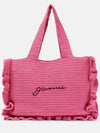 Women's Crochet Ruffle Embroidered Logo Cotton Tote Bag Shocking Pink - GANNI - BALAAN 5