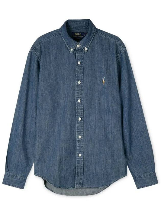 Pony Logo Denim Slim Fit Long Sleeve Shirt Blue - POLO RALPH LAUREN - BALAAN.