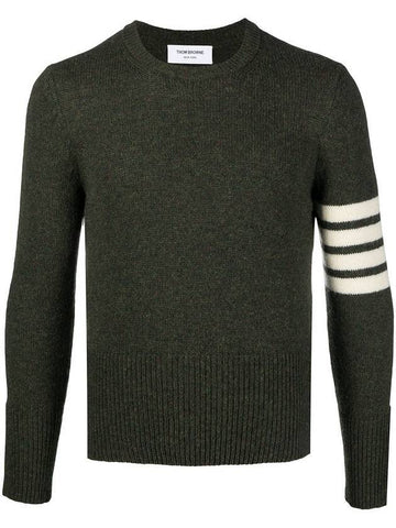 Men's Diagonal Armband Jersey Stitch Crew Neck Knit Khaki - THOM BROWNE - BALAAN.