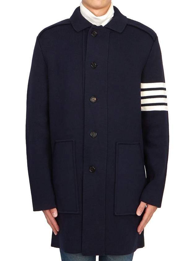 Cotton Cashmere Interlock 4-Bar Polo Collar Overcoat Navy - THOM BROWNE - BALAAN 2