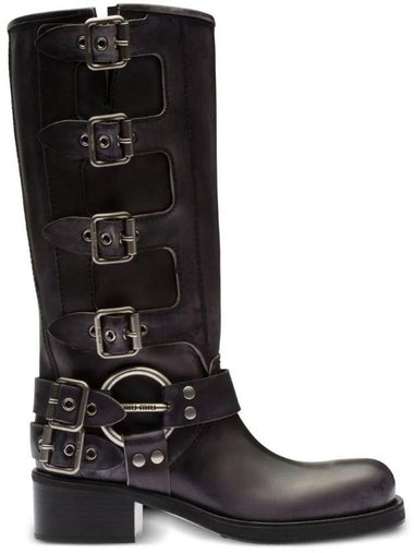 Buckle Detail Leather Long Boots Black - MIU MIU - BALAAN 1