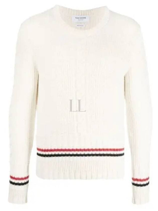 Men's Cable Stitch Merino Striped Wool Knit Top White - THOM BROWNE - BALAAN 2