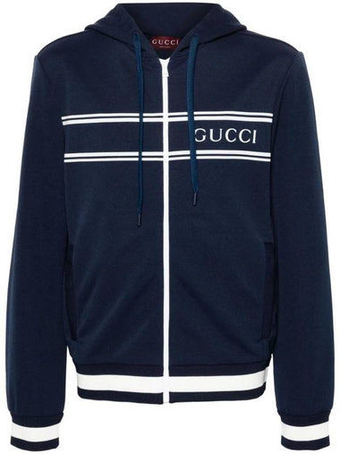 Logo Stripe Print Zip Up Hoodie Midnight Blue - GUCCI - BALAAN 1