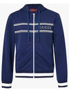 Logo Stripe Print Zip Up Hoodie Midnight Blue - GUCCI - BALAAN 2