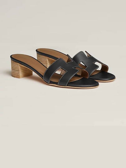 Oasis Calfskin Slipper Heels Noir Piqures Ecrues - HERMES - BALAAN 2