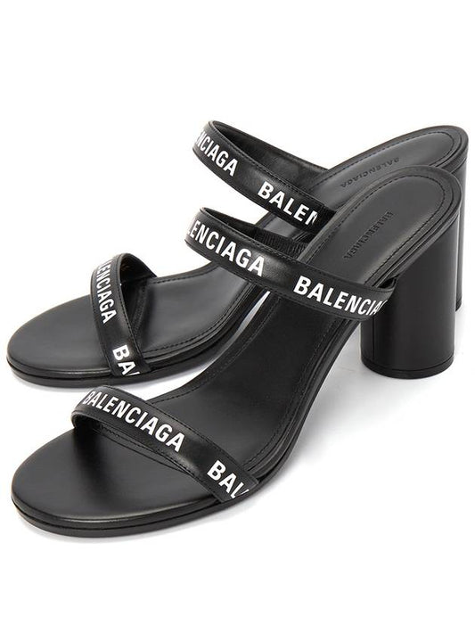 Women's Leather Logo Round Sandal Heels Black - BALENCIAGA - BALAAN.