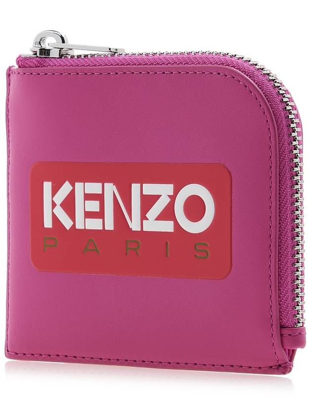 Logo Zipper Calf Leather Card Wallet Pink - KENZO - BALAAN 3