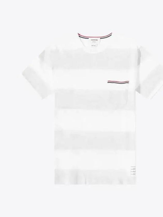 Men's Rugby Striped Pick Pocket Short Sleeve T-Shirt Pale Grey White - THOM BROWNE - BALAAN 2