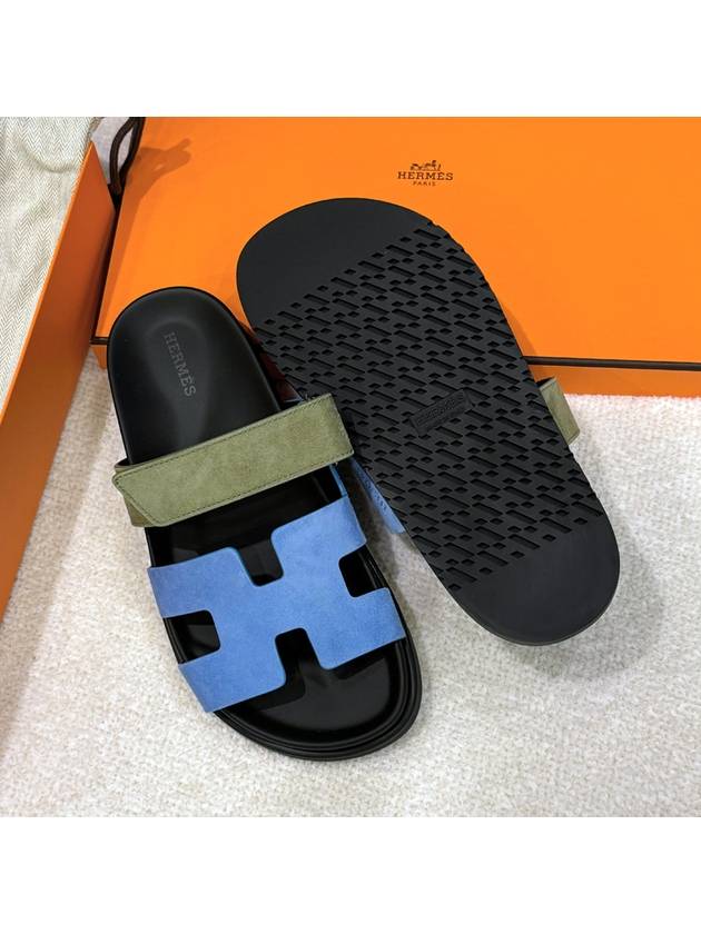 Women's Chypre Sandals Suede Goatskin Blue Khaki - HERMES - BALAAN 5