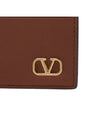 V Logo Signature Leather Card Wallet Brown - VALENTINO - BALAAN 7