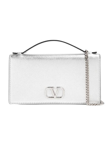 V Logo Signature Chain Leather Long Wallet Silver - VALENTINO - BALAAN 1