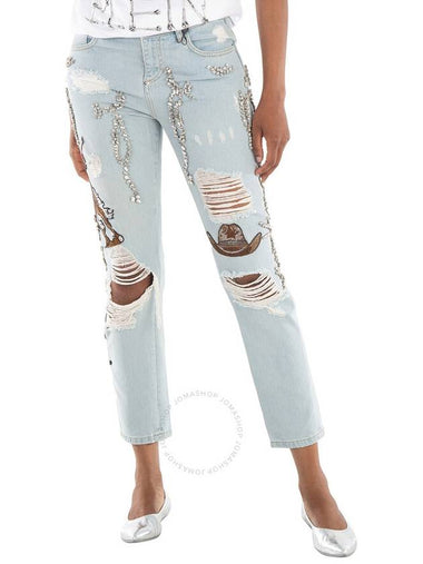 Philipp Plein Boyfriend Cowboy Patch-Embellished Jeans, Waist Size 26