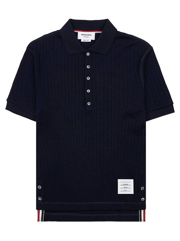 RWB Button Ribbed Polo Wool Knit Top Navy - THOM BROWNE - BALAAN 2