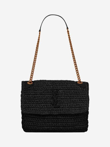 Nikki Chain Midium Raffia Leather Shoulder Bag Black - SAINT LAURENT - BALAAN 1