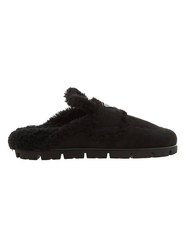 Women's Triangle Logo Shearling Lining Slippers Black - PRADA - BALAAN 1