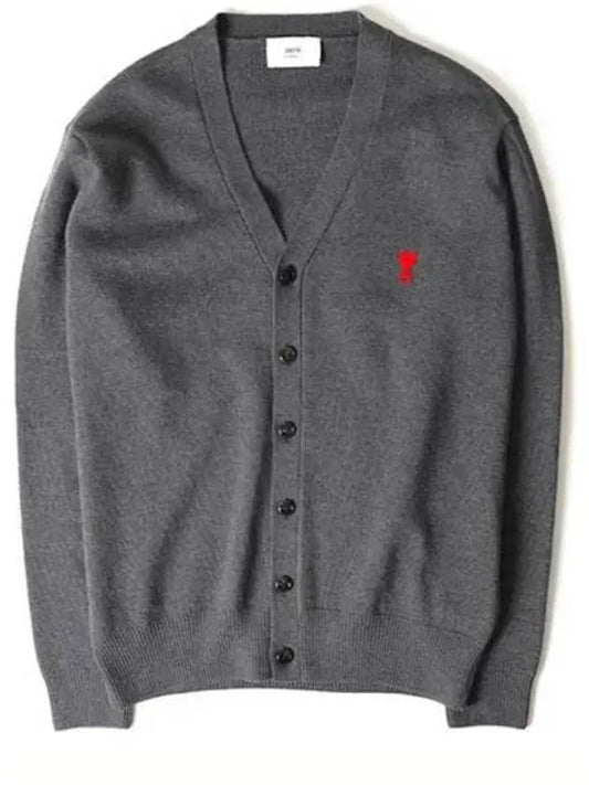 Small Heart Logo Wool Merino Cardigan Grey - AMI - BALAAN 2