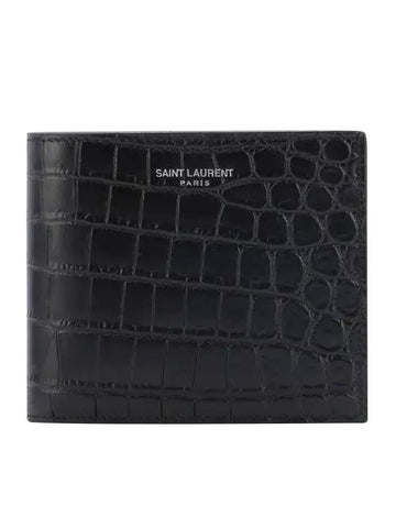 Crocodile Pattern Half Wallet Black - SAINT LAURENT - BALAAN 1