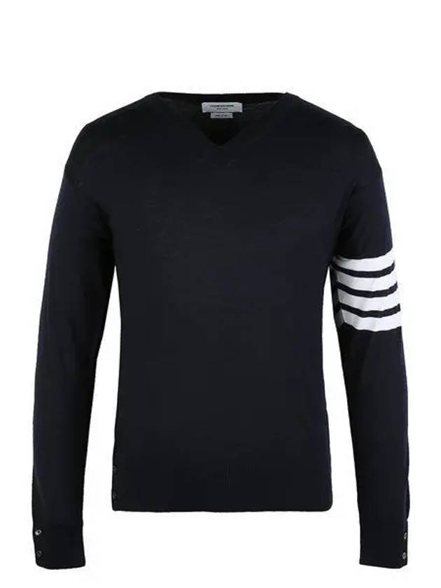 Fine Merino Wool V-Neck Knit Top Navy - THOM BROWNE - BALAAN 2