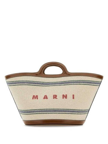 Logo Detail Striped Tote Bag White - MARNI - BALAAN 1