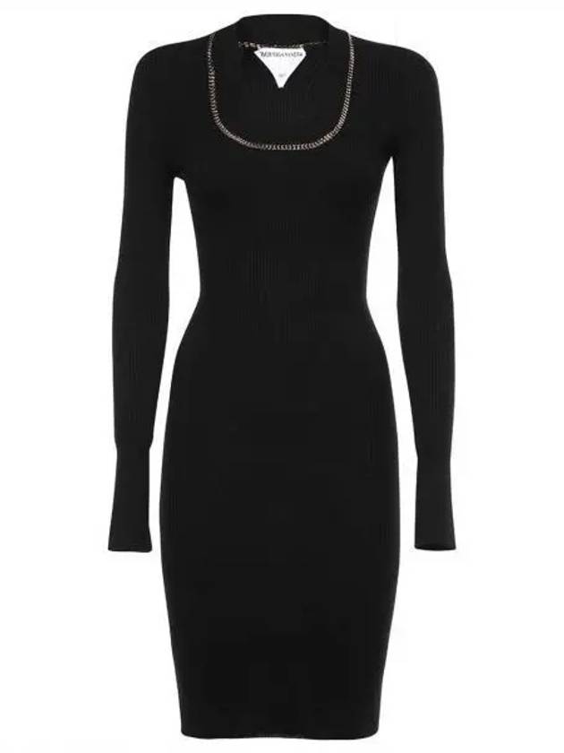 Gold Chain Detail Cashmere Long Sleeve Midi Dress Black - BOTTEGA VENETA - BALAAN 2