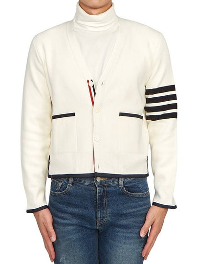 V-Neck Diagonal Armband Cardigan White - THOM BROWNE - BALAAN 2