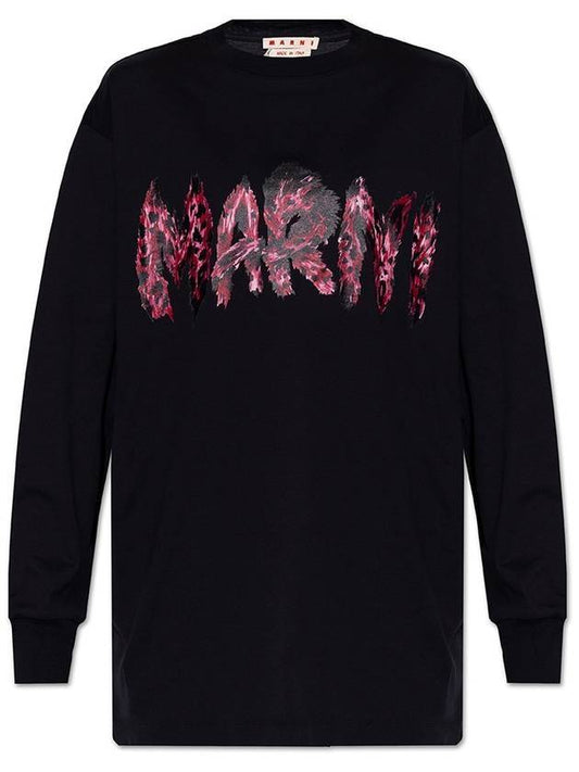 Logo Print Cotton Long Sleeve T-Shirt Black - MARNI - BALAAN 1