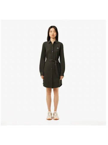 Women s Belted Pique Shirt Dress Dark Khaki - LACOSTE - BALAAN 1