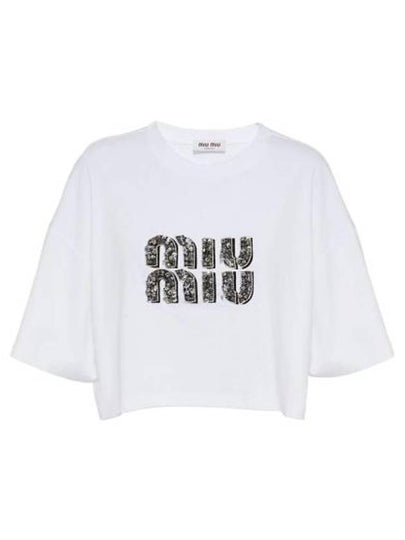 Embroidered Logo Crystal Crop Cotton Short Sleeve T-Shirt White - MIU MIU - BALAAN 2