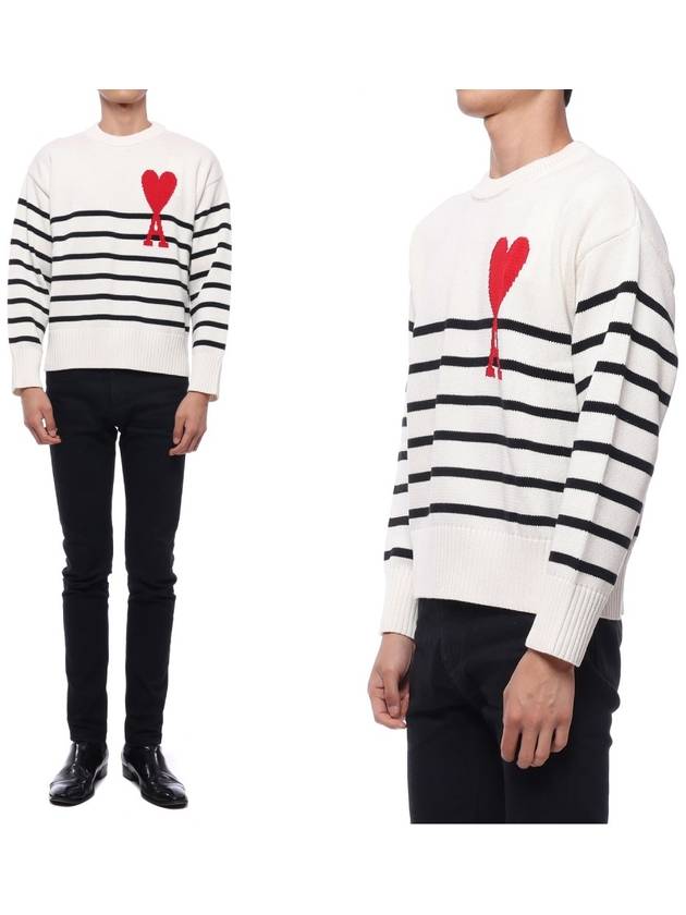 Striped Big Heart Logo Knit Top White - AMI - BALAAN 3