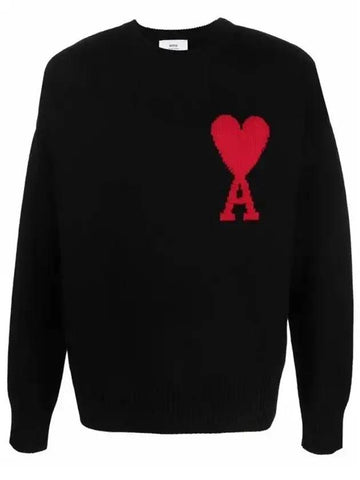 Big Heart Logo Embroidered Wool Knit Top Black - AMI - BALAAN.