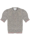 Cable Pointelle Striped Donegal Wool Short Sleeve Cardigan Light Grey - THOM BROWNE - BALAAN 3