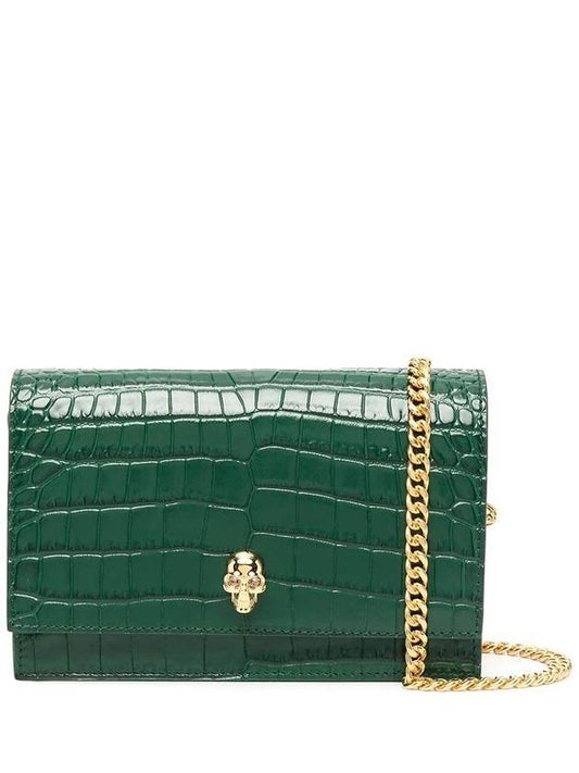 Gold Plated Skull Crocodile Leather Mini Shoulder Bag Green - ALEXANDER MCQUEEN - BALAAN.