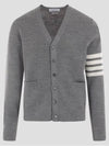 4-Bar Striped Waffle High V-Neck Cardigan Light Grey - THOM BROWNE - BALAAN 4