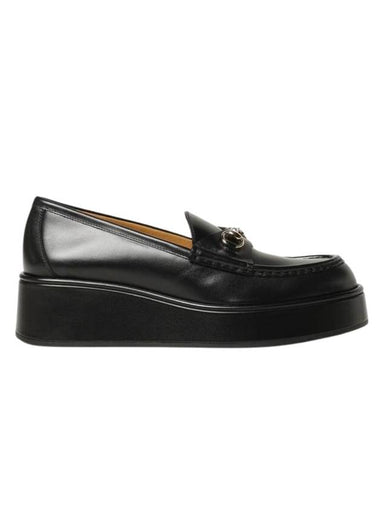 Women's Horsebit Wedge Leather Loafer Black - GUCCI - BALAAN 1