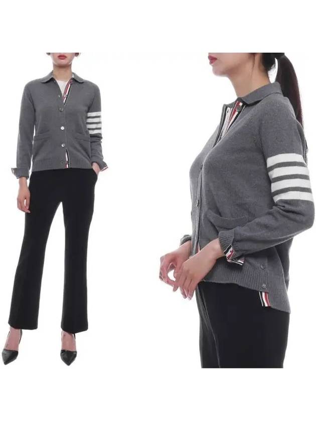 Women's 4 Bar Raglan Wool Polo Cardigan Grey - THOM BROWNE - BALAAN 2