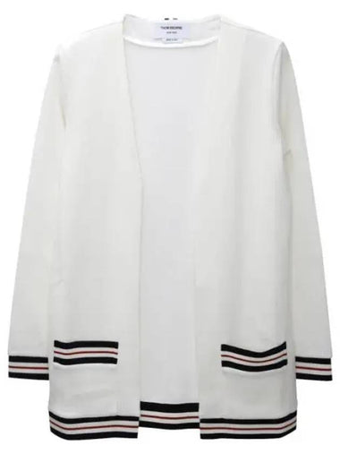 Cricket Stripe Lightweight Textured Cotton V-Neck Cardigan White - THOM BROWNE - BALAAN 1