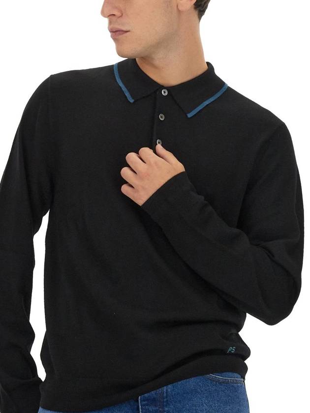 Embroidered Logo Merino Wool Polo Shirt Black - PAUL SMITH - BALAAN 5