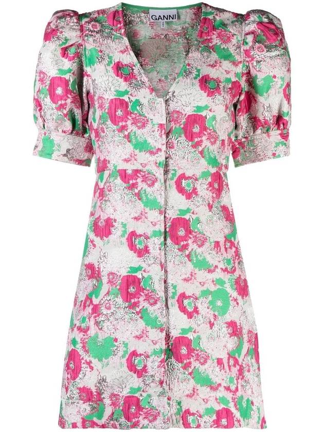 Women's Floral Puff Sleeve V-Neck Short Dress - GANNI - BALAAN 2