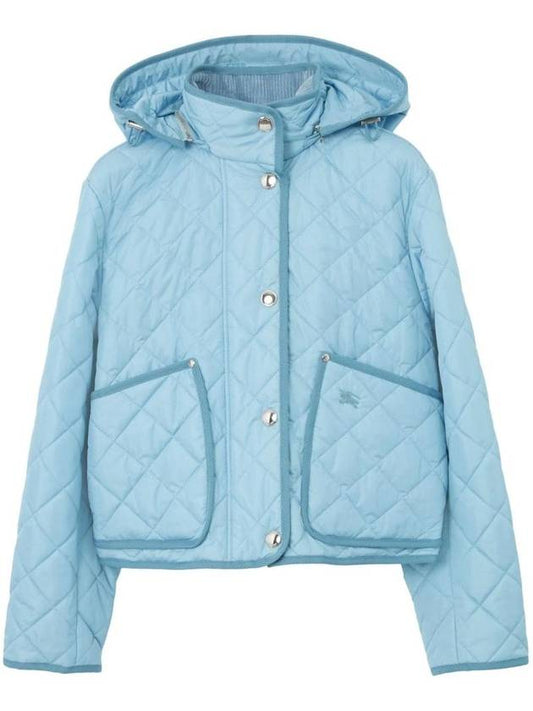 Diamond Recycled Nylon Quilted Hooded Jacket Denim Blue - BURBERRY - BALAAN.